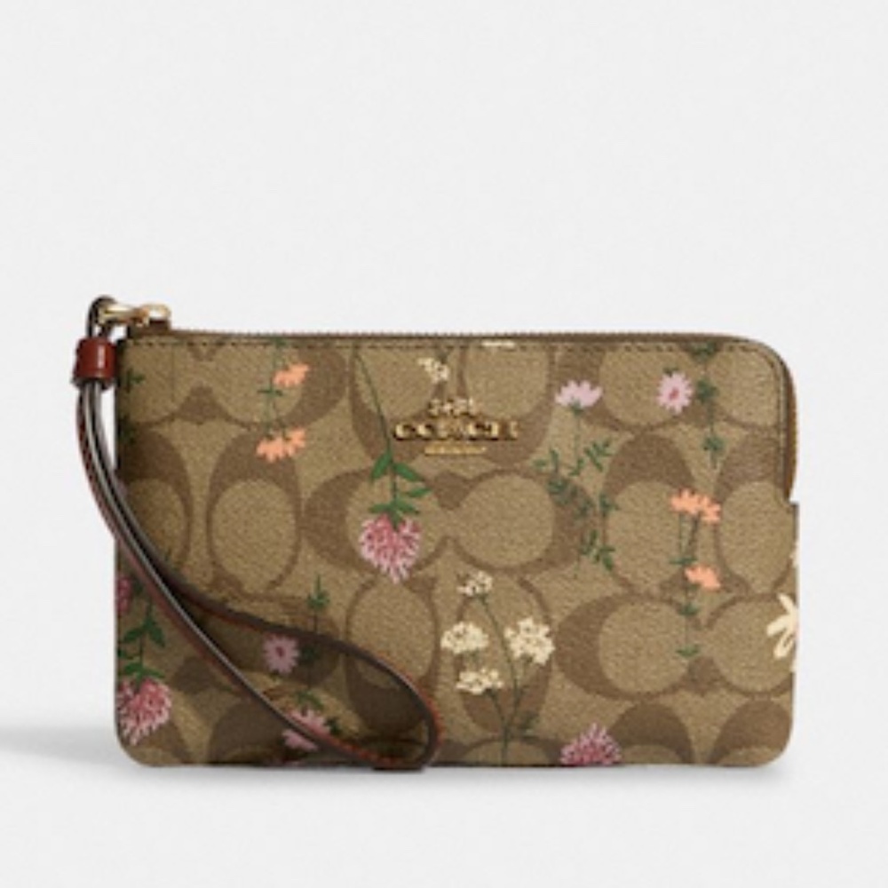 Corner Zip Wristlet In Signature Canvas with Wildflower Print